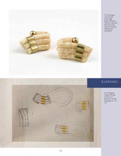 The William Spratling Legacy by Schiffer Publishing, Ltd. is displayed above a design sketch with front and side views on a white and beige background, accompanied by descriptive text about the earrings.