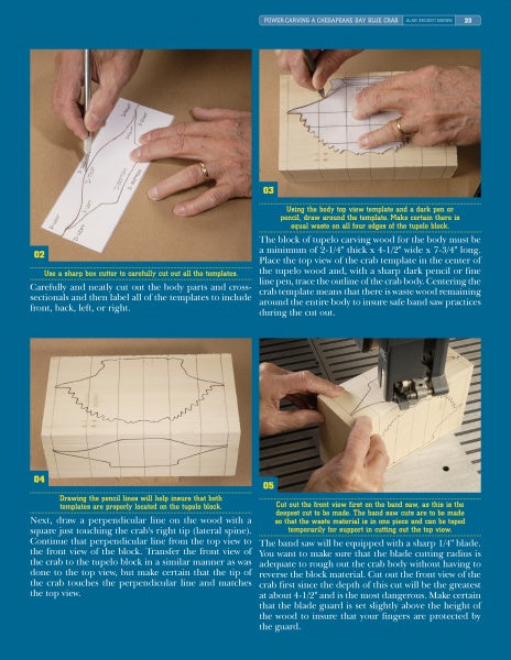 Four instructional images from "Power Carving a Chesapeake Bay Blue Crab" by Schiffer Publishing, Ltd. show hands tracing and cutting a wavy pattern on wood using a template, pencil, and bandsaw, with step-by-step text instructions on blue backgrounds.