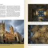 A book spread from *Cathedrals Built by the Masons* (Schiffer Publishing, Ltd.) features text on Canterbury Cathedral plus three photos: its sunlit exterior and two shots of the ornate, vaulted ceilings with classic European patterns.