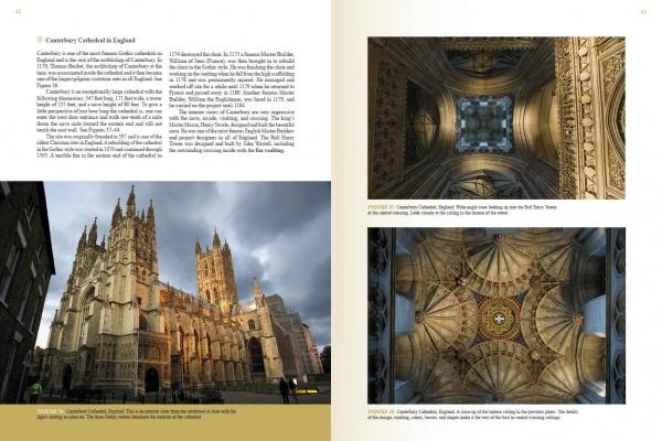 A book spread from *Cathedrals Built by the Masons* (Schiffer Publishing, Ltd.) features text on Canterbury Cathedral plus three photos: its sunlit exterior and two shots of the ornate, vaulted ceilings with classic European patterns.