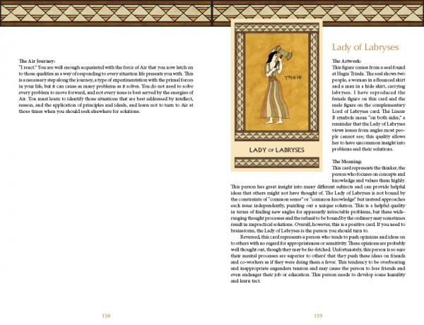 An open book spread from The Minoan Tarot by Schiffer Publishing, Ltd. shows both pages with a decorative border; the right page features the Lady of Labrys card, depicting a woman with axes and text about ancient Crete.