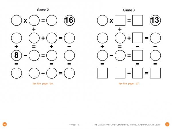 Sweet 16 by Schiffer Publishing, Ltd. includes two brain-boosting math puzzles where you fill grids with equations to reach bold target answers—16 and 13—using basic operations.