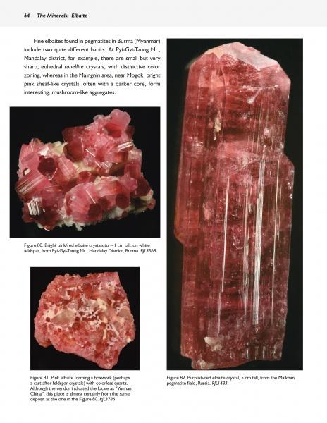 A page from "Collector's Guide to the Tourmaline Group" by Schiffer Publishing, Ltd. displays three labeled red elbaite specimens, showcasing their unique shapes and colors. Captions and informative text appear beneath each photo for mineral collectors.