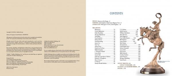 In Western Art of the Twenty-First Century by Schiffer Publishing, Ltd., a two-page spread shows copyright and publisher info on beige at left; right page features contents and a bronze cowboy statue honoring cowboy artists and Western history.