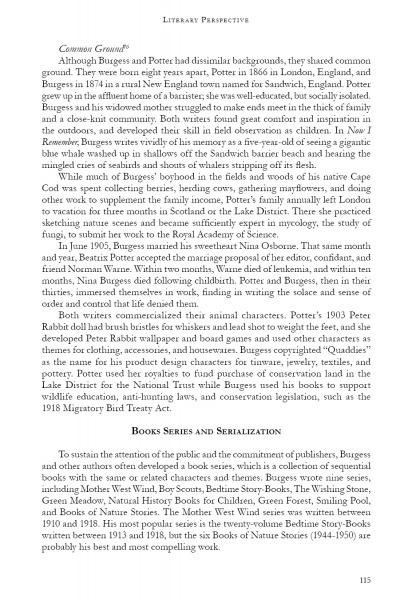 Page 115 from Nature's Ambassador (Schiffer Publishing, Ltd.) features two sections: one on Beatrix Potter, Edith Nesbit, and Thornton W. Burgess’s common themes; the other, Books Series and Serialization, discusses their publication histories.