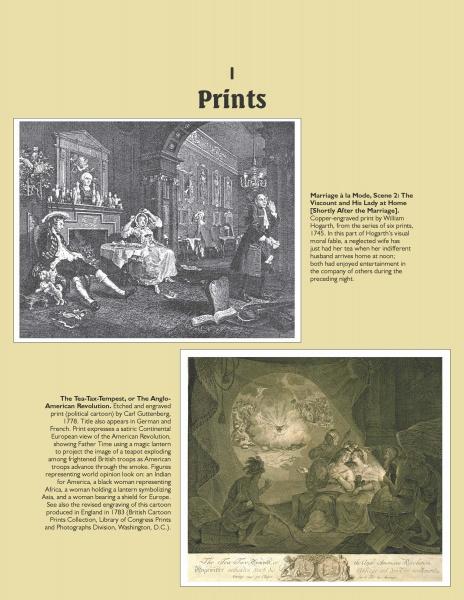 A page titled Prints showcases Schiffer Publishing, Ltd.'s Tea Art: vintage black-and-white illustrations, including an elegantly dressed couple in a lavish room and a group gathered in a dimly lit, cavernous space.