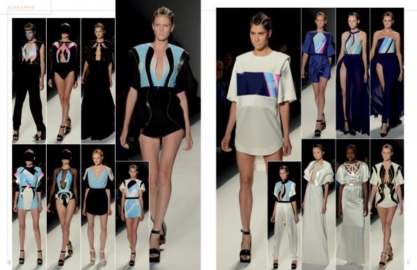 The SFP LookBook: Mercedes-Benz Fashion Week Spring 2014 Collections by Schiffer Publishing, Ltd. features models in bold, futuristic outfits with geometric shapes and high slits, styled in striking black, white, blue, and pastel tones.