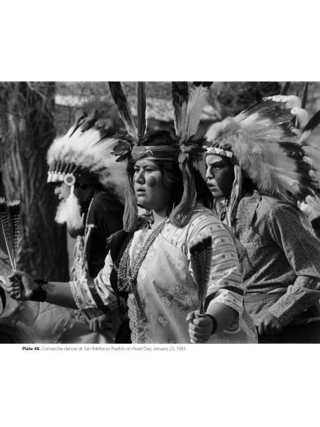 Pueblo Dancing" by Schiffer Publishing, Ltd. features a black and white image of three people in traditional Pueblo dress and headdresses performing an outdoor dance, with the central figure holding decorated objects and wearing beaded necklaces.