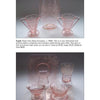 A catalog page from Schiffer Publishing, Ltd.’s "Colors & Patterns of Depression Era Glassware" shows collectible etched glass: a creamer, sugar bowl, and elliptical vase above; cups, saucers, plates, and small vase with intricate details below.