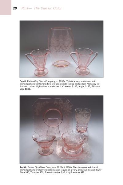 A catalog page from Schiffer Publishing, Ltd.’s "Colors & Patterns of Depression Era Glassware" shows collectible etched glass: a creamer, sugar bowl, and elliptical vase above; cups, saucers, plates, and small vase with intricate details below.