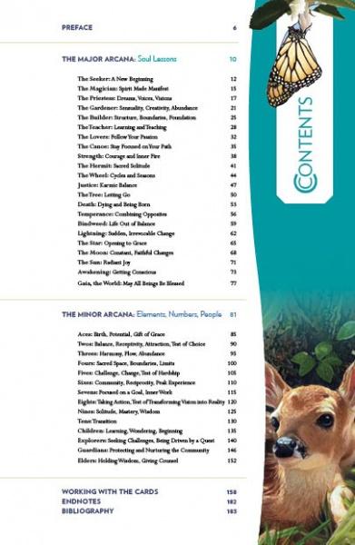 A table of contents from the Gaian Tarot by Schiffer Publishing, Ltd. lists The Major Arcana: Soul Lessons and The Minor Arcana: Elements, Numbers, People. A butterfly and deer from the deck adorn the right side.
