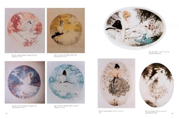 A Schiffer Publishing, Ltd. Louis Icart art catalog page displays seven oval and rectangular pastel-toned etchings of elegantly dressed women posed in nature, each with captions, evoking iconic Art Deco style.