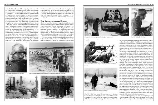 A spread from "The 27th Waffen-SS Volunteer Grenadier Division Langemarck" by Schiffer Publishing, Ltd. shows WWII Eastern Front text and photos of German soldiers, tanks, battlefields, and Flemish SS troops escorting prisoners.