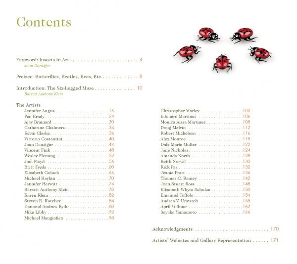 A page from "Inspired by Insects" by Schiffer Publishing, Ltd., featuring insect-themed artwork with ladybugs.