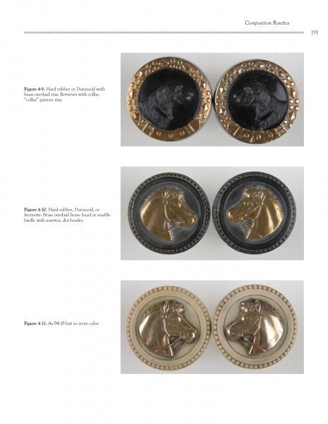 Schiffer Publishing, Ltd.'s Bridle Rosettes feature two rows of raised horse head designs: top row black with gold trim, middle black with silver trim, and bottom ivory with gold—ideal for horse collectibles.