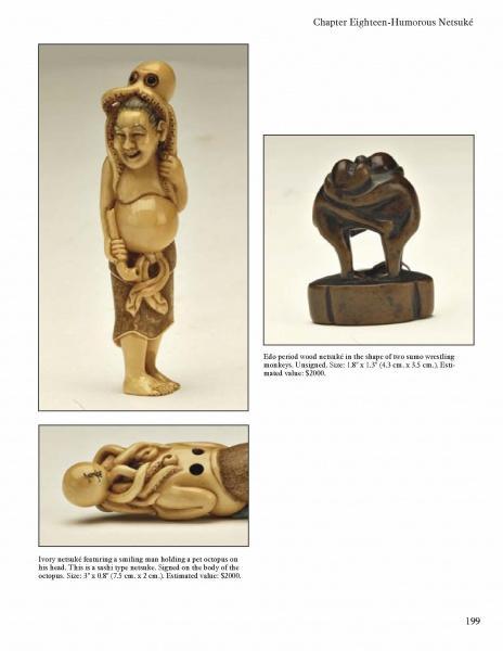 A page from "Netsuke" by Schiffer Publishing, Ltd. features three Asian antique figurines—a smiling man with a cat, two sumo wrestlers, and a man lying with a cat—with captions and dimensions highlighting this unique art.
