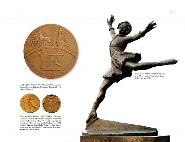 On the left is an Olympic gold medal with a chariot and Greek text; on the right, the book "Figure Skating and the Arts" by Schiffer Publishing, Ltd. highlights ice skating artistry as seen in Vingnesparken, Norway.