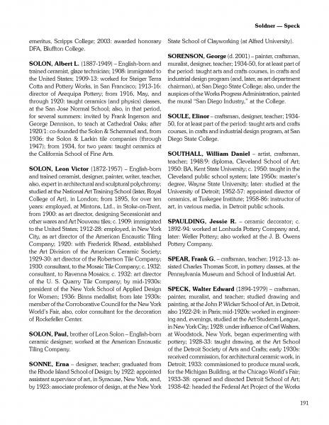 Page 391 of Schiffer Publishing's "Biographies in American Ceramic Art" features artists with last names beginning with S, such as Solon, Soloff, and Spaeth, highlighting their careers in ceramics and art pottery.