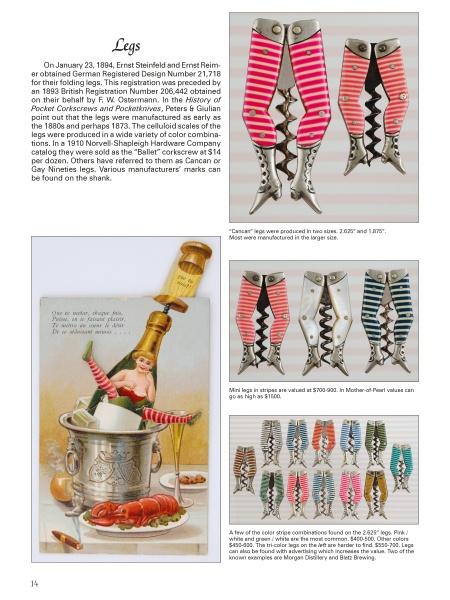 A magazine page from Schiffer Publishing, Ltd. showcases Figural Corkscrews and vintage scissors shaped like ladies’ legs. The accompanying text details their history and collectible value, alongside a postcard of a doll in champagne.