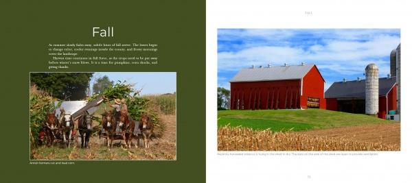In "Seasons of Lancaster County" by Schiffer Publishing, Ltd., a team of horses pulls a plow through a cornfield while a red barn with a silo stands nearby, capturing iconic Pennsylvania Amish landscapes.