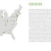 A map of the U.S. covered with green dots, mainly on coasts and in major cities, highlights traditional barbershops. To the right, "Foreword" appears above a text block. Product: Barbershops of America by Schiffer Publishing, Ltd.