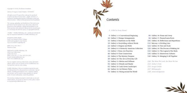 A table of contents appears on the right page with autumn leaves along the top and right edges. The left page shows faint copyright info, referencing "Birds in the Barnes Foundation" by Schiffer Publishing, Ltd.
