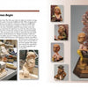 An open spread from Concepts to Caricatures (Schiffer Publishing, Ltd.) features an artist profile with photo, text, and woodcarving scenes—three figures playing shuffleboard by a brick wall, plus close-ups and in-progress images.