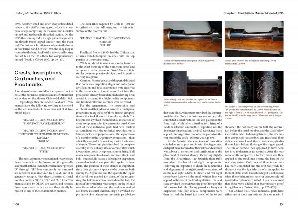 A two-page spread from "History of the Mauser Rifle in Chile" by Schiffer Publishing, Ltd., featuring text and close-up photos of Chilean Mausers, focusing on engravings and proofmarks on wood and metal components.