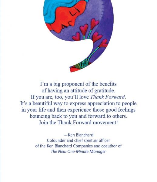 An illustrated comma above a gratitude quote from Thank Forward by Schiffer Publishing, Ltd., on a white background with blue and purple accents—ideal for sharing on gratitude cards.