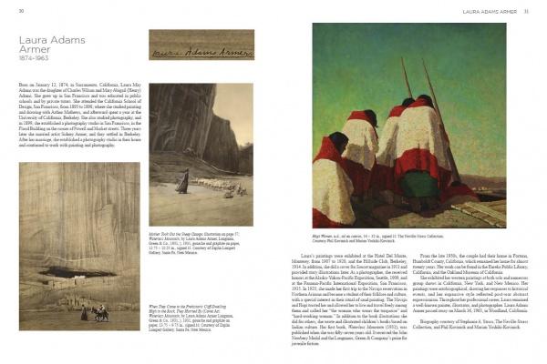 Two pages from "Emerging from the Shadows, Vol. I" by Schiffer Publishing, Ltd. feature text, historic cliffside photos, Armer’s signature, and a painting of three figures in red and white blankets—a unique view of California art history.
