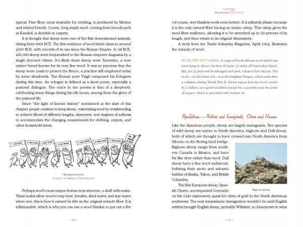 A spread from "Wool" by Schiffer Publishing, Ltd. shows text on wool history and U.S. bison, with a cartoon of sheep holding “Wool Power!” and “Shear Justice!” signs, and bison standing on a rocky hill at the bottom right.