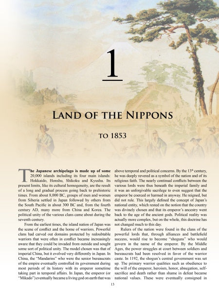 A book page from "Japanese War Art and Uniforms 1853-1930" by Schiffer Publishing, Ltd. features early Japanese history with faint Japanese art-inspired trees and mountains in the background.