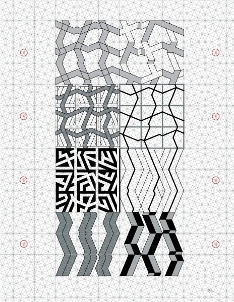 Geometric Ornament in Architecture, Art, and Design by Schiffer Publishing, Ltd. features six rectangular sections with unique abstract black-and-gray line patterns over a subtle triangular grid, each section marked by small circled numbers.