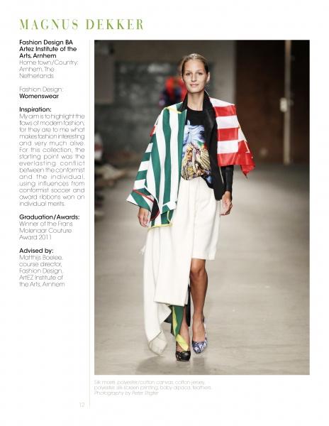 A model walks on a wooden floor in a vibrant outfit inspired by emerging European trends, as featured in "Europe: Rising Fashion Designers" by Schiffer Publishing, Ltd.