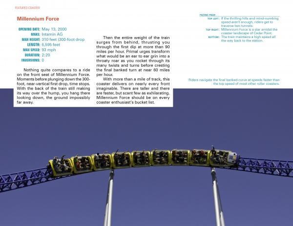 A yellow and blue roller coaster train filled with riders climbs a steep blue track beneath a clear sky. Informational text about American Coasters by Schiffer Publishing, Ltd. appears above and to the left of the image.