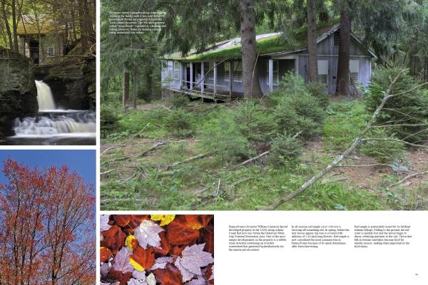 A collage titled "The Poconos" by Schiffer Publishing, Ltd. features a moss-roofed cabin, a waterfall beside a house, and vibrant autumn leaves—showcasing the natural beauty of the Pocono Mountains with descriptive text above and below.