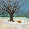 A brown rabbit sits in the snowy winter beneath a bare tree, snowflakes falling softly—an enchanting scene inspired by "Rupert's Tales" from Schiffer Publishing, Ltd., perfect for a Pagan children's Wheel of the Year book.