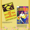 Two book covers of The Bitter Tea of General Yen by Grace Zaring Stone—one yellow with red text, another illustrated with a couple and dramatic backdrop, accented by Tea Art by Schiffer Publishing, Ltd., featuring teapot graphics along the bottom.
