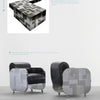 Inspired by Paul Evans, Schiffer Publishing, Ltd. offers two modern chairs with black leather upholstery and a matching L-shaped table featuring a geometric metallic patchwork design, set against a light grey background.