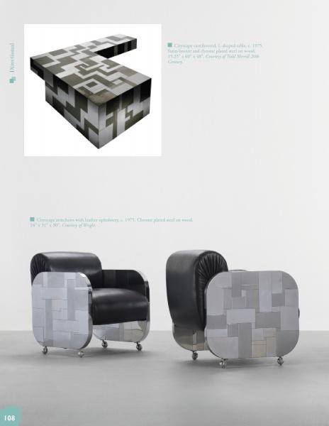 Inspired by Paul Evans, Schiffer Publishing, Ltd. offers two modern chairs with black leather upholstery and a matching L-shaped table featuring a geometric metallic patchwork design, set against a light grey background.