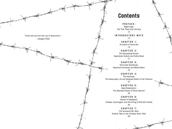 The contents page of Notorious Crimes of the Upper Midwest by Schiffer Publishing, Ltd. features barbed wire graphics, chapters and pages on the right, a Genghis Khan quote on the left, and a minimal background evoking true crime in the Upper Midwest.