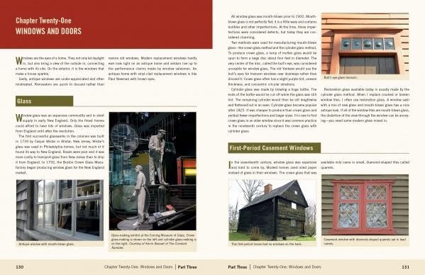 Pages 130–131 of Antique New England Homes & Barns (Schiffer Publishing, Ltd.) explore windows and doors, with text and images of a glassblower, classic wooden New England windows, small-paned details, and window frames.