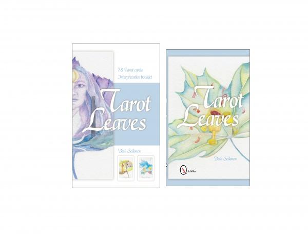 Two nature-themed book covers for Tarot Leaves by Schiffer Publishing, Ltd. Both feature watercolor leaves—one includes a partial face with Tarot cards, the other shows a close-up of a dew-covered leaf.