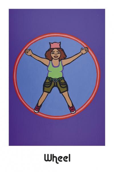 An illustrated woman in a pink hat, green tank top and shorts, and red shoes stands in a red circle on blue. “Wheel” appears below—part of the vibrant Hip Chick Tarot deck by Schiffer Publishing, Ltd.