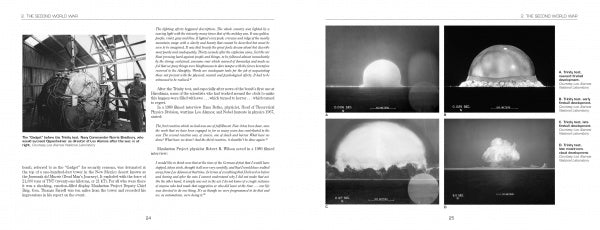 A two-page spread in "Weapons of Mass Destruction" (Schiffer Publishing, Ltd.) displays text and five black-and-white photos from the Trinity atomic bomb test, showing people near the bomb and four sequential shots of the explosion.