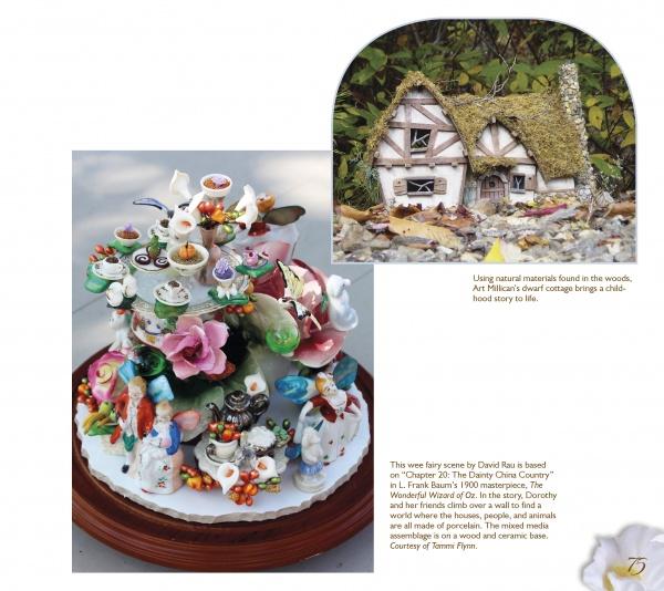 Two images from “Fairy Homes and Gardens” by Schiffer Publishing, Ltd.: Top right, a moss-roofed miniature thatched cottage; below, a magical tree crafted from stacked teapots, cups, and dishes, adorned with figures and flowers—a whimsical fairy garden scene.