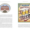 A spread from "The Illustrated Delaware River" by Schiffer Publishing, Ltd. shows a brick building labeled PENNSBURY MANOR, celebrating Delaware River history, and two hands clinking beer mugs with the text CITY OF BROTHERLY BEER.