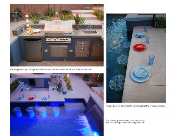 Inspired by *New Ideas for Living Outdoors* by Schiffer Publishing, Ltd., this sleek outdoor kitchen with grill, sink, and storage beside a glowing pool features blue mosaic tiles and chic tableware for ultimate backyard style and relaxation.