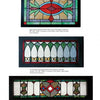 Three panels from "Old Stained Glass for the Home" by Schiffer Publishing, Ltd.: the top displays Arts and Crafts patterns, the middle shows Gothic arches, and the bottom features a heart motif with colored accents.