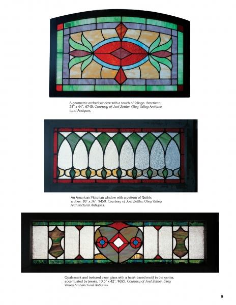 Three panels from "Old Stained Glass for the Home" by Schiffer Publishing, Ltd.: the top displays Arts and Crafts patterns, the middle shows Gothic arches, and the bottom features a heart motif with colored accents.